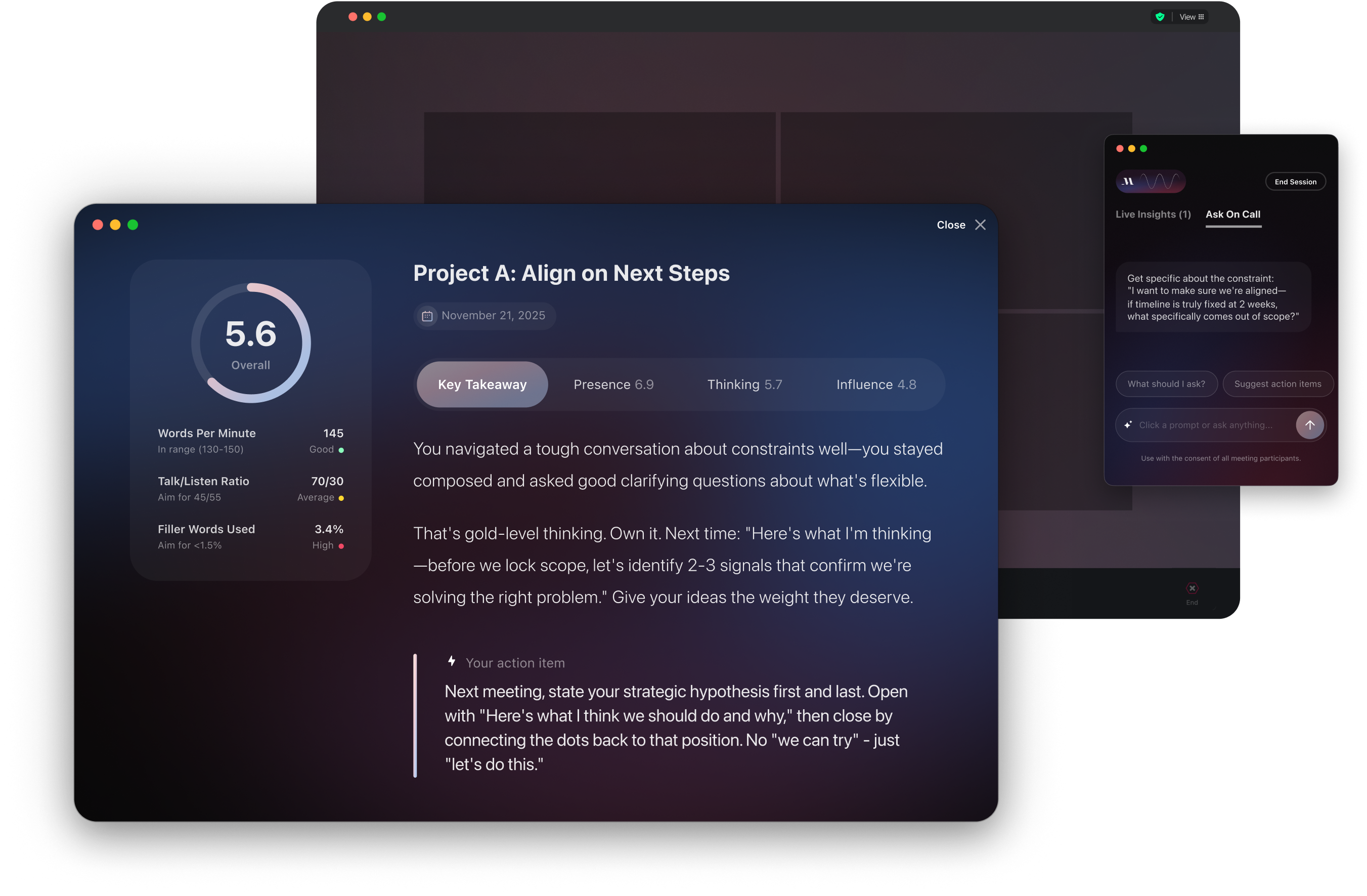 Product UI mockup showing meeting feedback interface